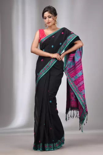 Black Cotton Handwoven Soft Saree With Texture Border