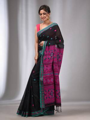 Black Cotton Handwoven Soft Saree With Texture Border 3