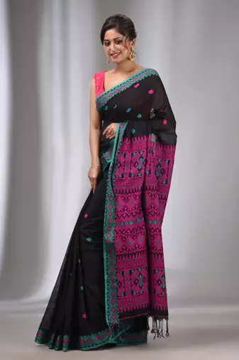 Black Cotton Handwoven Soft Saree With Texture Border