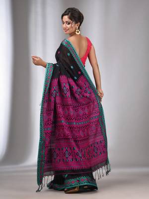 Black Cotton Handwoven Soft Saree With Texture Border 4