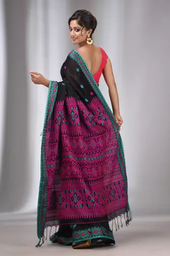 Black Cotton Handwoven Soft Saree With Texture Border