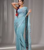 Arctic Blue Cotton Kantha Stitch Handwoven Saree Without Blouse