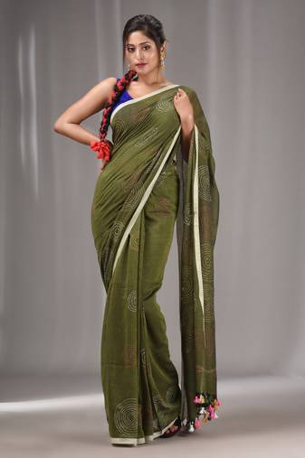 Sap Green Cotton Kantha Stitch Handwoven Saree Without Blouse