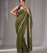 Sap Green Cotton Kantha Stitch Handwoven Saree Without Blouse