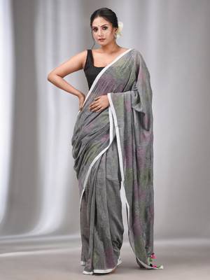 Grey Cotton Kantha Stitch Handwoven Saree Without Blouse 1