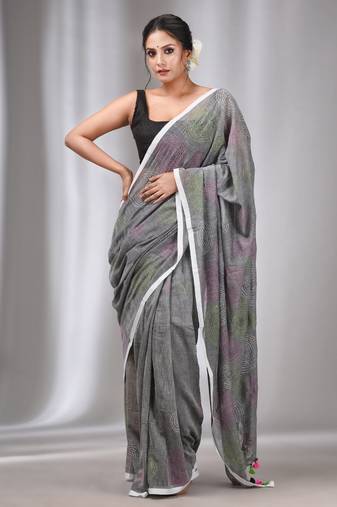 Grey Cotton Kantha Stitch Handwoven Saree Without Blouse