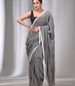 Grey Cotton Kantha Stitch Handwoven Saree Without Blouse