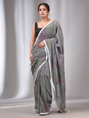 Grey Cotton Kantha Stitch Handwoven Saree Without Blouse 2