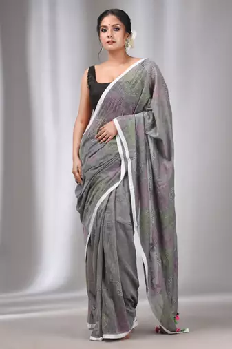 Grey Cotton Kantha Stitch Handwoven Saree Without Blouse