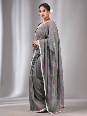 Grey Cotton Kantha Stitch Handwoven Saree Without Blouse 3