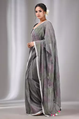 Grey Cotton Kantha Stitch Handwoven Saree Without Blouse