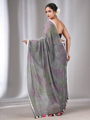 Grey Cotton Kantha Stitch Handwoven Saree Without Blouse 4