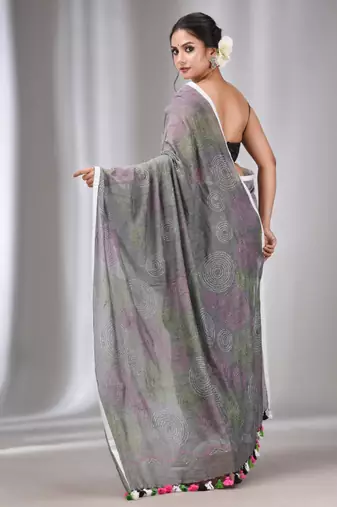 Grey Cotton Kantha Stitch Handwoven Saree Without Blouse