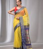 Yellow Muslin Handwoven Saree With Nakshi Border
