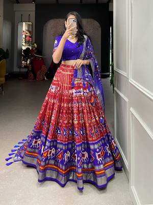 Red Colour Tussar Silk With Patola Print Foil Work and Gotta Patti Lace Border Lehenga Choli 1