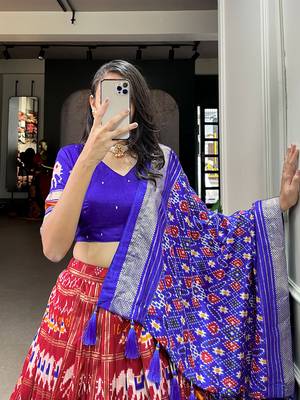 Red Colour Tussar Silk With Patola Print Foil Work and Gotta Patti Lace Border Lehenga Choli 2