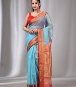 Sky Blue Muslin Handwoven Saree With Nakshi Border