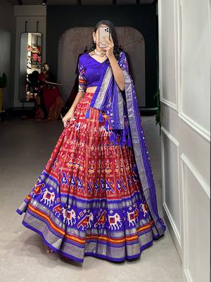 Red Colour Tussar Silk With Patola Print Foil Work and Gotta Patti Lace Border Lehenga Choli 3