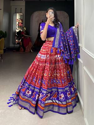 Red Colour Tussar Silk With Patola Print Foil Work and Gotta Patti Lace Border Lehenga Choli 4