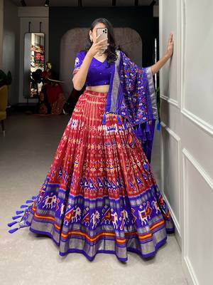 Red Colour Tussar Silk With Patola Print Foil Work and Gotta Patti Lace Border Lehenga Choli 5