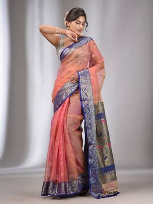 Peach Muslin Handwoven Saree With Nakshi Border 2