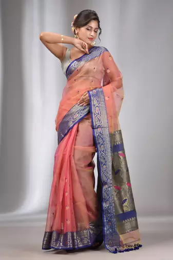 Peach Muslin Handwoven Saree With Nakshi Border