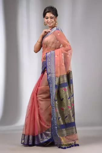 Peach Muslin Handwoven Saree With Nakshi Border