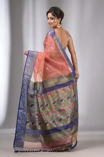 Peach Muslin Handwoven Saree With Nakshi Border