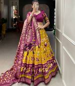Mustard Colour Tussar Silk With Patola Print Foil Work and Gotta Patti Lace Border Lehenga Choli