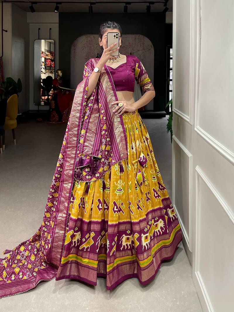 Mustard Colour Tussar Silk With Patola Print Foil Work and Gotta Patti Lace Border Lehenga Choli
