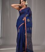 Royal Blue Linen Handwoven Saree With Gheecha Pallu