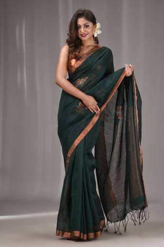 Emerald Green Linen Handwoven Saree With Butterfly Motifs