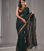Emerald Green Linen Handwoven Saree With Butterfly Motifs