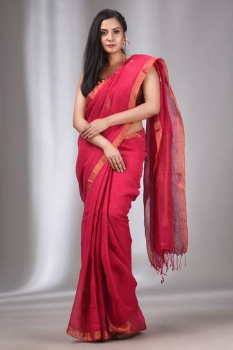 Hot Pink Linen Handwoven Saree With Butterfly Motifs