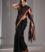 Black Linen Handwoven Saree With Texture Pallu
