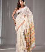 White Linen Handwoven Saree With Texture Pallu