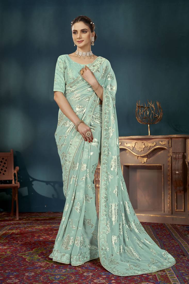 Manohari traditioal light blue georgette patch work saree for women with unstitch blouse piece