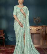 Manohari traditioal light blue georgette patch work saree for women with unstitch blouse piece