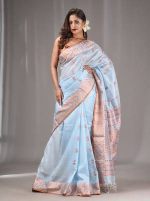 Baby Blue Silk Matka Handwoven Saree With Texture Border 1