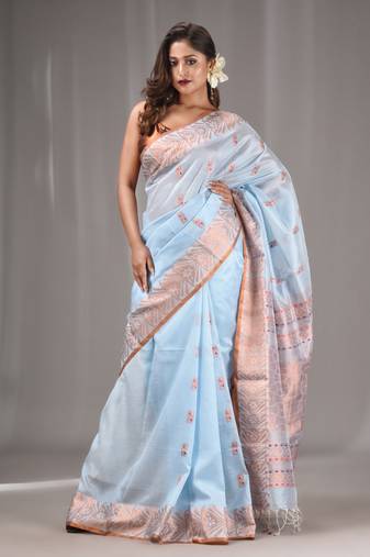 Baby Blue Silk Matka Handwoven Saree With Texture Border