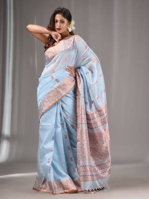 Baby Blue Silk Matka Handwoven Saree With Texture Border 2