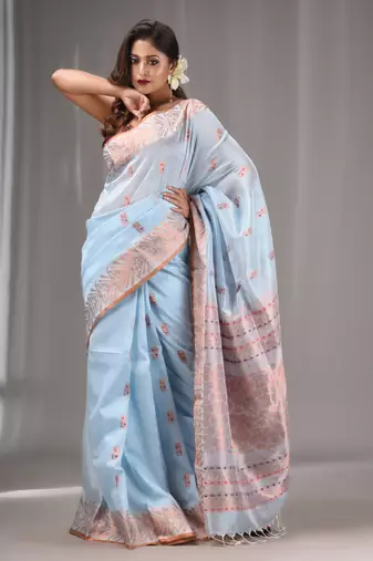Baby Blue Silk Matka Handwoven Saree With Texture Border