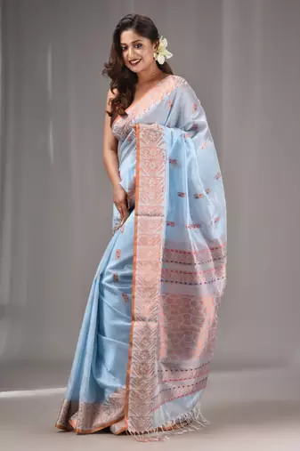 Baby Blue Silk Matka Handwoven Saree With Texture Border