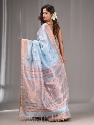 Baby Blue Silk Matka Handwoven Saree With Texture Border 4