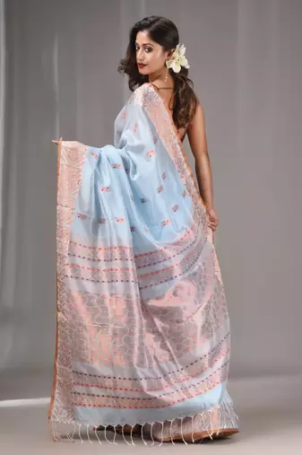 Baby Blue Silk Matka Handwoven Saree With Texture Border