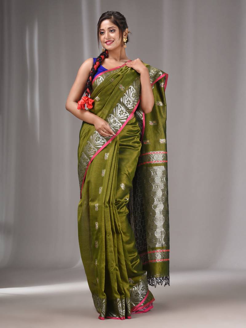 Sap Green Silk Matka Handwoven Saree With Texture Border