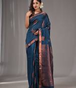 Teal Silk Matka Handwoven Saree With Texture Designs