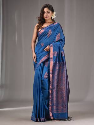 Sapphire Blue Silk Matka Handwoven Saree With Texture Designs 1