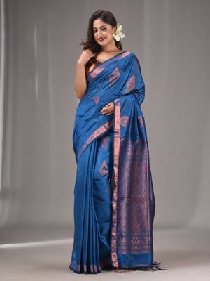 Sapphire Blue Silk Matka Handwoven Saree With Texture Designs 2