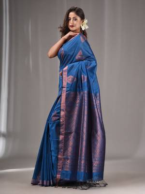 Sapphire Blue Silk Matka Handwoven Saree With Texture Designs 3